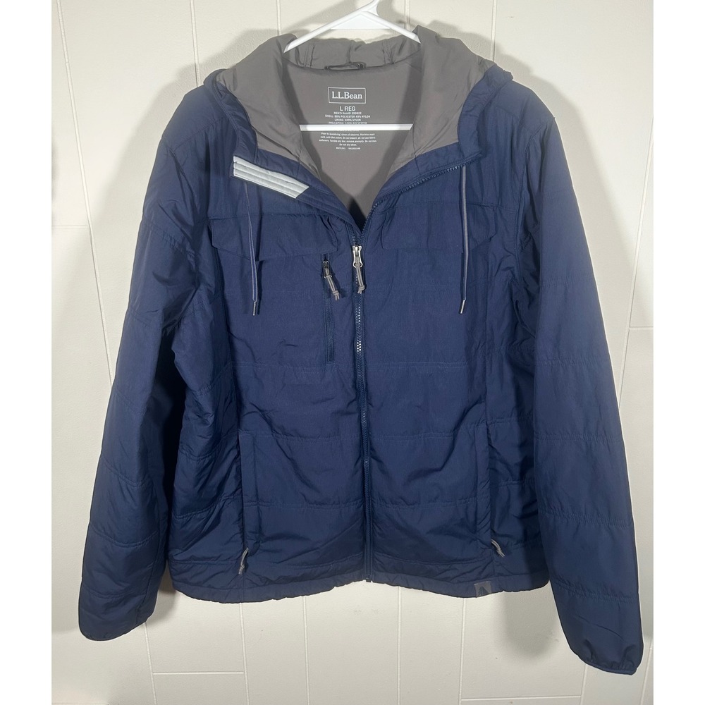 LL Bean Mens PrimaLoft Packaway Hooded Jacket Navy Blue Large